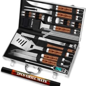 ROMANTICIST 30pcs BBQ Grill Tool Set for Men Dad, Heavy Duty Stainless Steel Grill Utensils Set, Non-Slip Grilling Accessories Kit with Thermometer, Mats in Aluminum Case for Fathers Day Brown