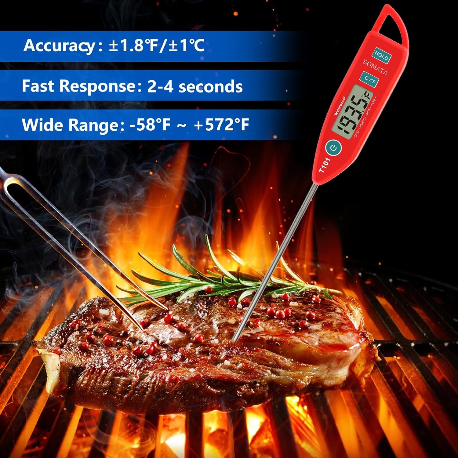 BOMATA 6 Pack Waterproof IPX7 Meat Thermometer Instant Read Food Thermometer with Long Probe for Water, Liquid, Kitchen Cooking, Grill,BBQ ! T101 X 6 Pcs (Black & Red & White)… - Image 3