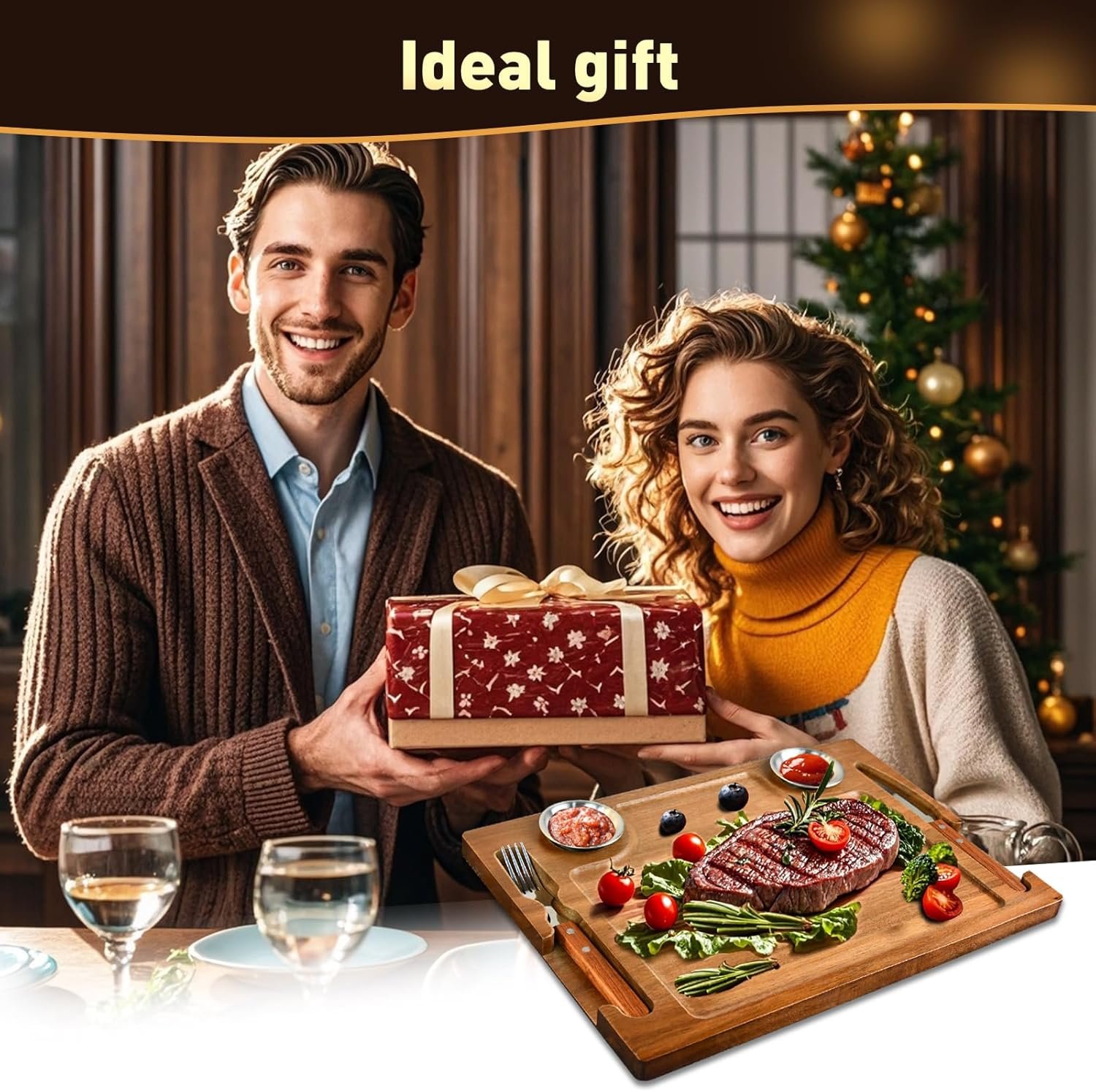 Acacia Wooden Steak Board - Steak Plate Cutting Board with Fork, Knife and Ramekins Wood Serving Board for Home 15.7 Inches (1 set) - Image 8