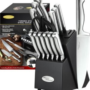 Marco Almond® Knife Set with Block KYA28, 14 Pieces Stainless Steel Chef Cutlery Kitchen Knives Block Set with Built-in Sharpener
