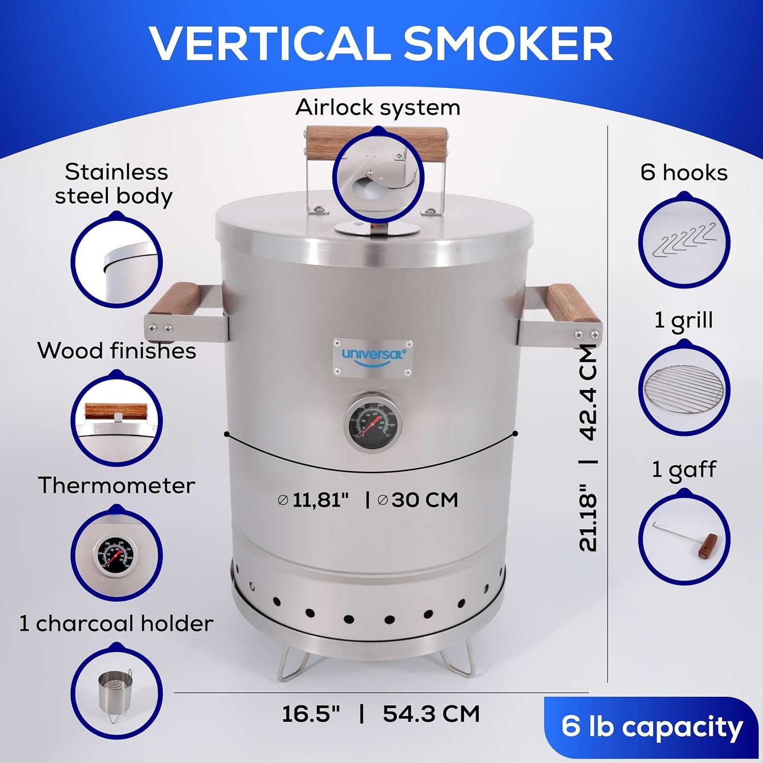 Universal (6-pound) Stainless Steel (Small) Charcoal Barrel Smoker with Thermometer & Airlock system - 16.5"x 21.18" x ⌀11.81", 2 in 1 Vertical Smoker - Grill and Smoker, 6-serving Slow Cooking Smoker - Image 4