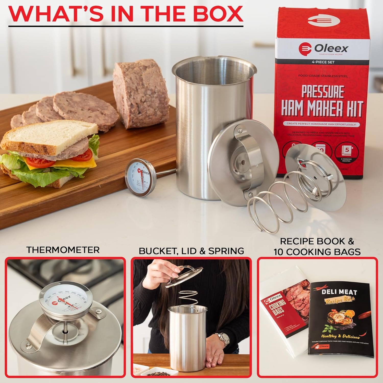 Oleex Lunch Meat Press Mold for Deli Meats-Homemade Ham Maker Meat Press Tool with Cooking Thermometer, 10 cooking bags & Recipe book-Multipurpose Stainless Steel Pressure Sandwich Lunchmeat Maker - Image 3