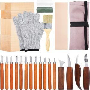 30 PCS Wood Carving Tools, Professional Wood Whittling Kit, Hand Engraving Tool Set, Wood Craft Making Kit for Beginners Professionals, Unfinished Wood Blocks, Cutter, Polish Wax, Whetstone, Gloves