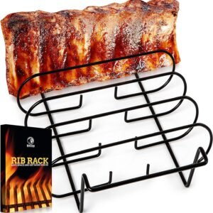 MOUNTAIN GRILLERS BBQ Rib Racks for Smoking, Gas Smoker or Charcoal Grill, Sturdy & Non Stick Standing for gas grill, bbq grill, Holds Up to 5 Baby Back Ribs, Grilling & Barbecue Gifts for Men Black