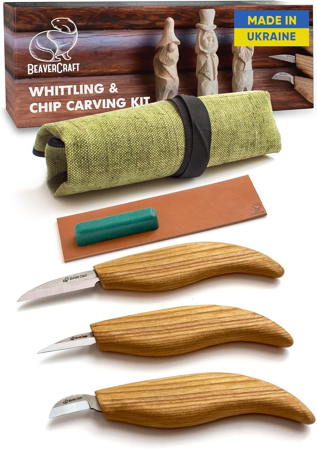BeaverCraft Wood Carving Knife Kit S15 Whittling Kit for Beginners, Kids - Wood Carving Tools Set with Detail Chip Knife Sloyd Whittling Knives & Leather Strop, Polishing Compound and Tutorials