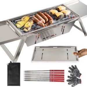 FoldNGo Portable Charcoal Grill with 6 Skewers – Stainless Steel Foldaway Grill for Camping, BBQ, Tailgating, Picnics – Instant Assembly, Includes Gloves & Carry Bag