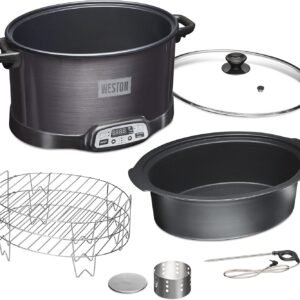 WESTON BRANDS 2-in-1 Indoor Electric Smoker & Programmable Slow Cooker, 6 Quart, With 3-Tier Smoking Rack for Meat, Cheese and More, Dishwasher Safe Crock, Temperature Probe, Black (03-2500-W)