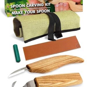 BeaverCraft S13L Wood Carving Tools Set for Spoon Carving 3 Knives in Tools Roll Leather Strop and Polishing Compound Hook Sloyd Detail Knife Left-Handed Spoon Carving Knives (S13L Left-Handed)