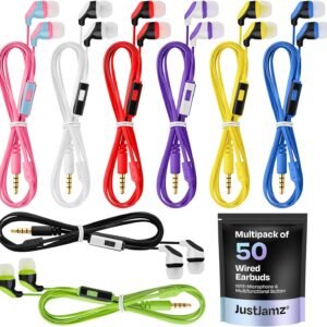50x Multipack Wired Earbuds with Mic | for Schools, Libraries, Museums, etc. | 8 Assorted Colors of Headphones with Mic | Affordable 3.5 mm Headphones for Kids & Adults