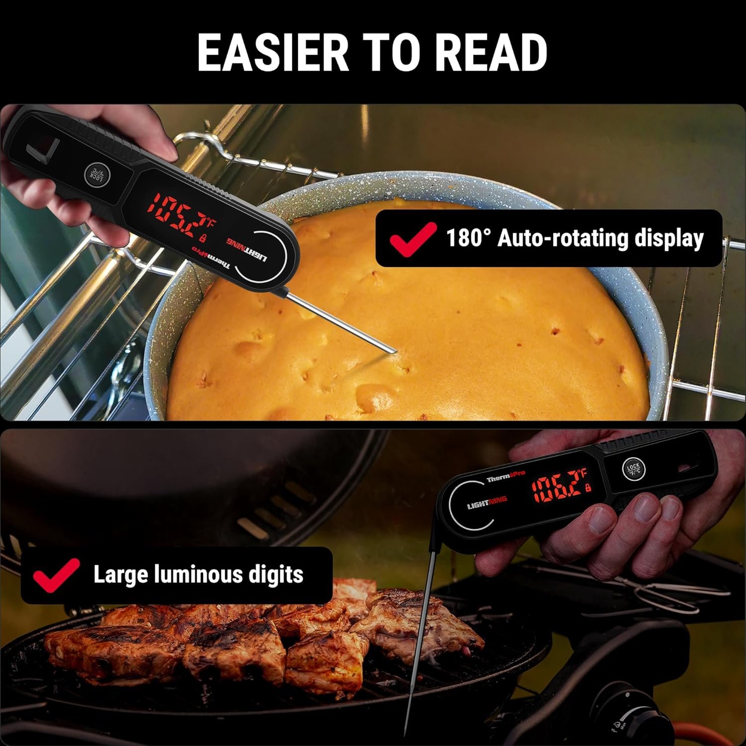 ThermoPro Lightning 1-Second Instant Read Meat Thermometer, Kitchen Food Thermometer with Auto Wake/Sleep/180° Rotating Display, Waterproof Cooking Thermometer for Oil Deep Fry Smoker BBQ Grill - Image 7