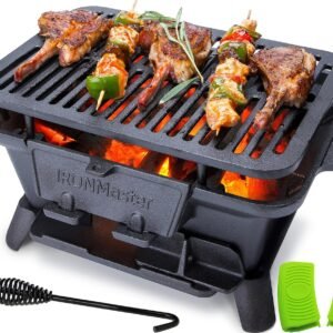 IronMaster Hibachi Grill Outdoor, Small Portable Charcoal Grill, Pre-Seasoned Cast Iron, Japanese Yakitori Camping Grill – 2 Heights, Air Control, Coal Door