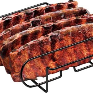 Extra Long Non-Stick Stainless Steel Rib Rack for Smoking and Grilling，Holds up to 4 Full Racks of Ribs, The perfect BBQ accessory for smoking and grilling，Black