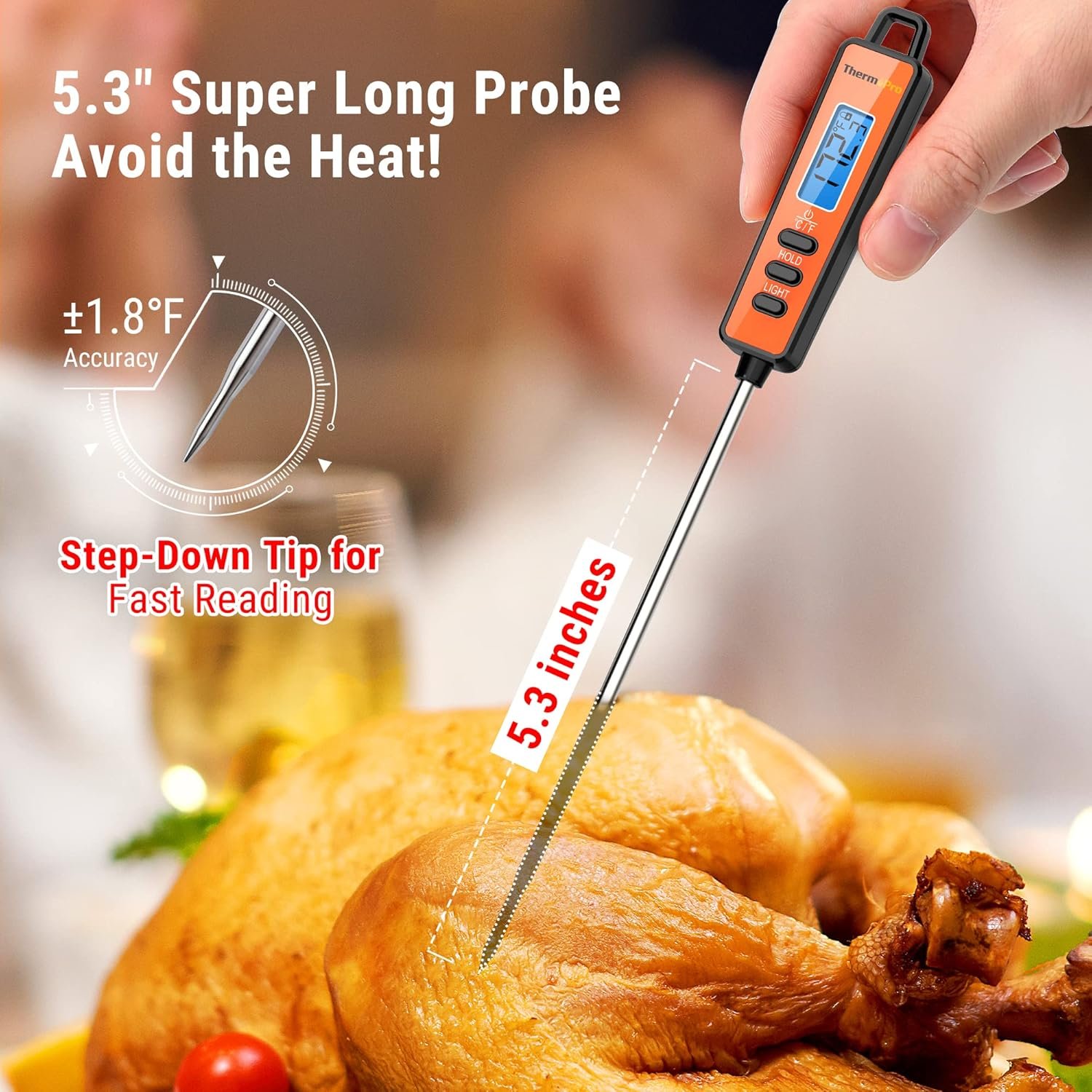 ThermoPro TP01A Instant Read Meat Thermometer with Long Probe Digital Food Cooking Thermometer for Grilling BBQ Smoker Grill Kitchen Oil Candy Thermometer - Image 3