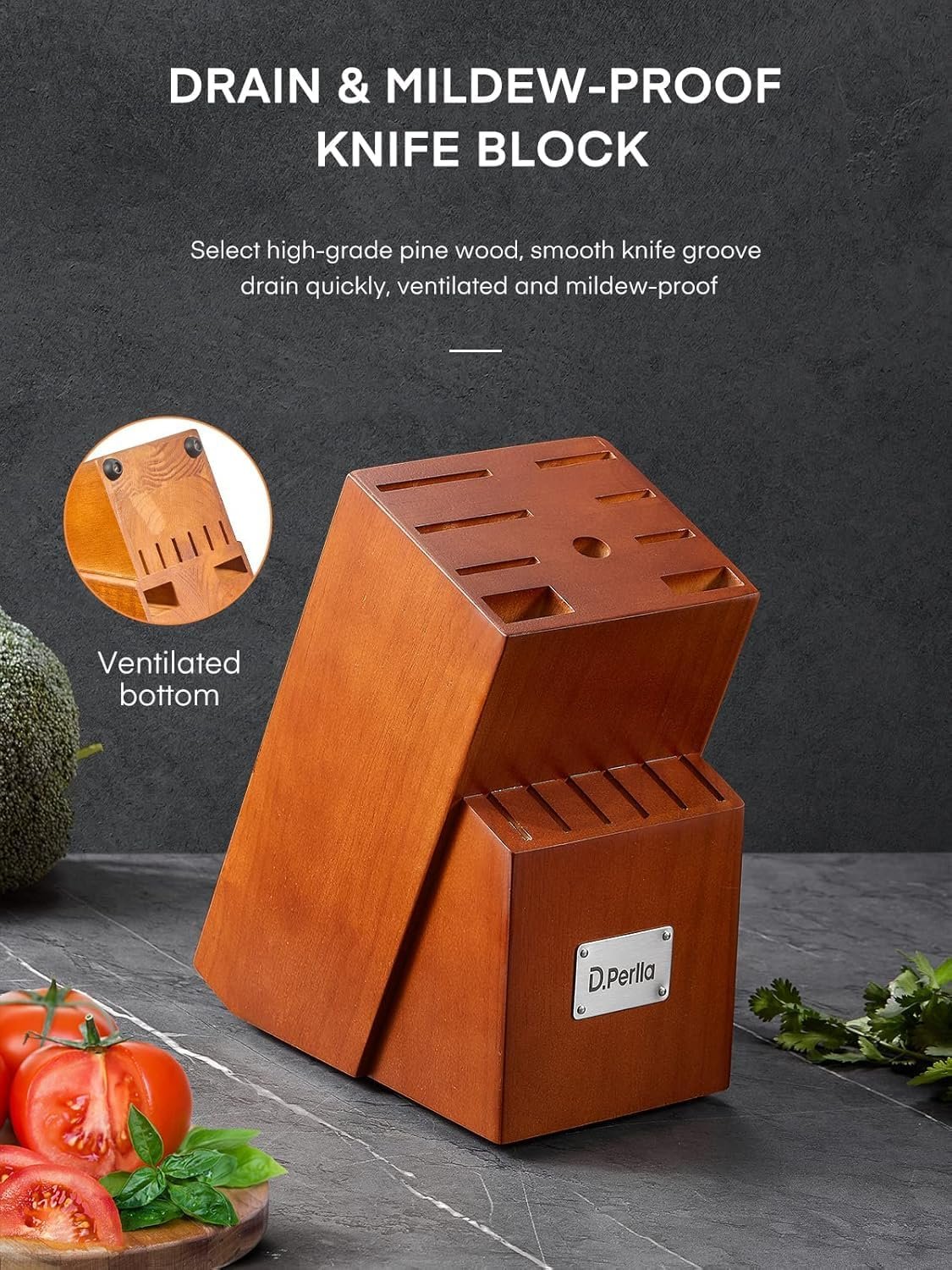 Knife Set with Block, 16 Pcs Stainless Steel Kitchen Knife Set with Sharpener & Wooden Block, Knife Block Set with Wood Handle, Chef, Santoku, Bread, Utility, Paring & Carving Fork Knife, Brown - Image 4