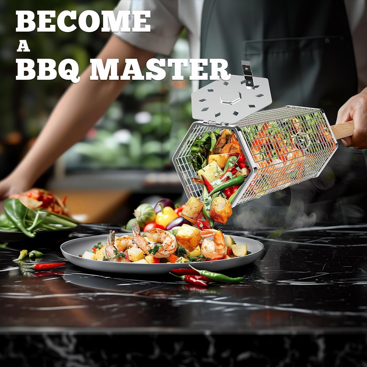 Rolling Grill Baskets (Hexagon), Removable Wooden Handle, 304 Stainless Steel, Nesting Grilling Net, BBQ Accessories Tools for Vegetables Shrimp, Outdoor Cooking Camping, Birthday Gifts for Men Dad Husband - Image 4