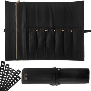 Chef Knife Roll Bag – Durable 6 Slot Black Waxed Canvas Knife Roll- Water Resistant Standard Knife Bag w/ Roll Tie, Large Zippered Pouch & 6 Plastic Knife Guards-Fits knives up to 2” wide & 15” long