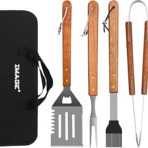 IMAGE Wooded BBQ Accessories Grilling Tools,Stainless Steel BBQ Tools Grill Tools Set for Cooking, Backyard Barbecue & Outdoor Camping Gift for Man Dad Women Barbecue Enthusiasts Set of 4