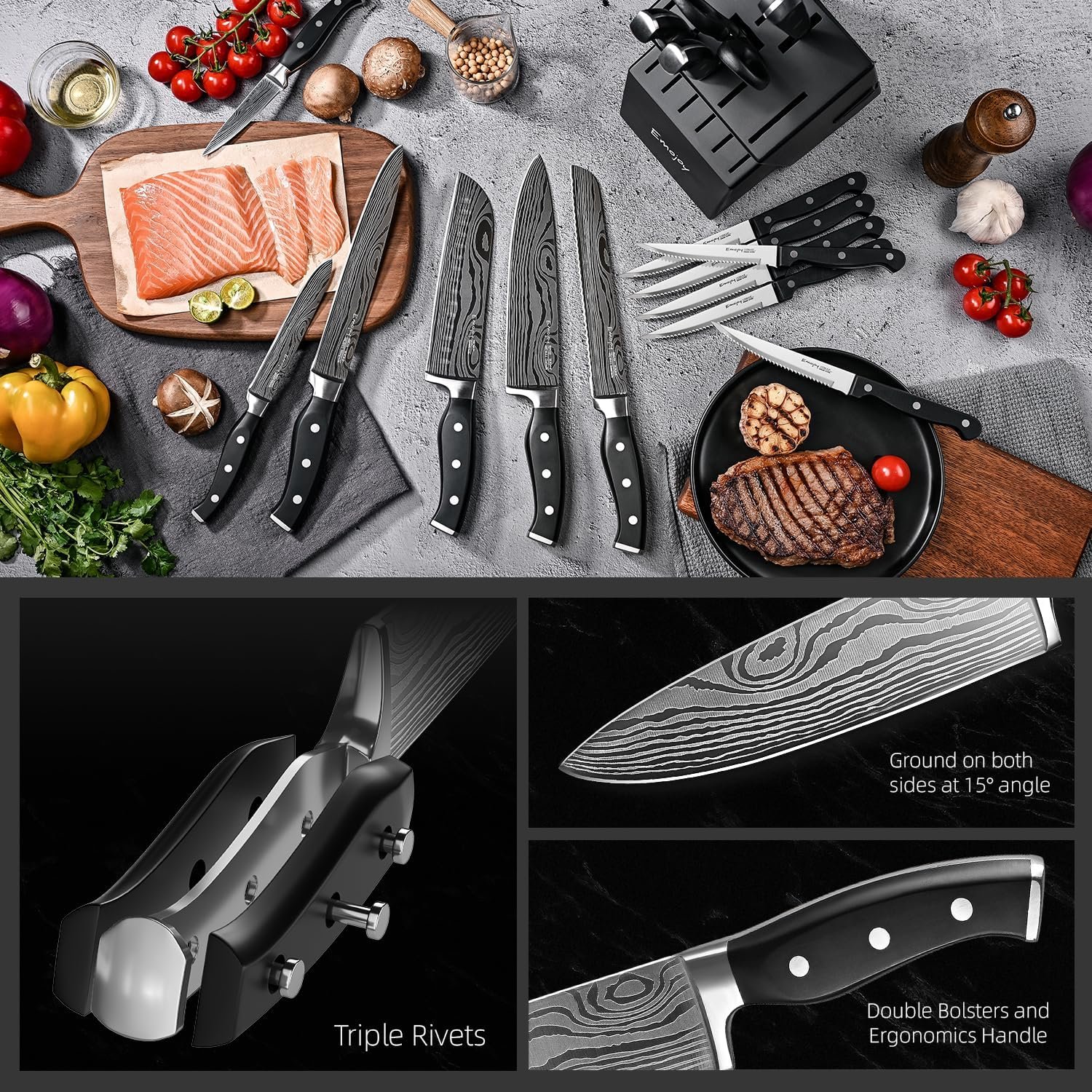 Knife Set, Emojoy 18-Piece Knife Sets for Kitchen with Block, Stainless Steel Kitchen Knives with Built-in Sharpener, Shears and Carving Fork, Black - Image 5