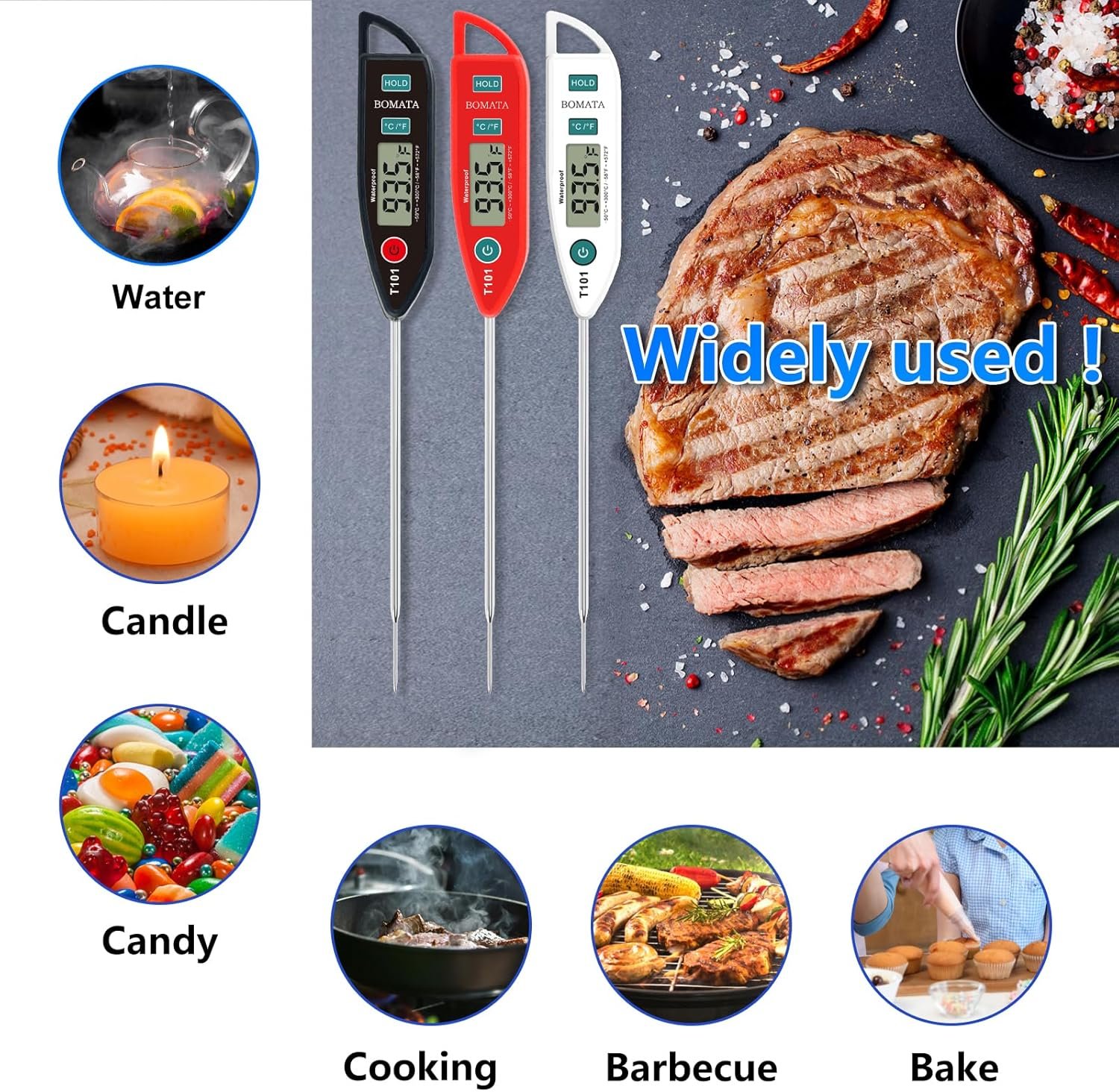 BOMATA 6 Pack Waterproof IPX7 Meat Thermometer Instant Read Food Thermometer with Long Probe for Water, Liquid, Kitchen Cooking, Grill,BBQ ! T101 X 6 Pcs (Black & Red & White)… - Image 7