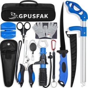 Fishing Tool Kit, 11 Pieces Fishing Gear, Fishing Pliers with Lanyard, Fillet Knife, Fish Lip Gripper, Fly Ice Fishing Hook Extractor, Anti-Cutting Gloves