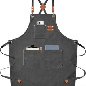 AFUN Chef Aprons for Men Women with Large Pockets, Cotton Canvas Cross Back Heavy Duty Adjustable Work Apron, Size M to XXL(Grey)
