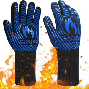 GEEKHOM BBQ Gloves, 1472 ℉ Heat Resistant Silicone Gloves EN407 Certified 13 Inch Non-Slip Kitchen Safe Gloves Professional Weber Fireplace Barbecue Accessories for Cooking Grilling, Baking