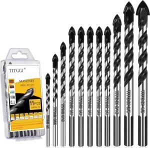 11PCS Masonry Drill Bit Set & Concrete Drill Bit Set 1/8″-1/2″ Industrial Strength Carbide Drill Bit Tip for Glass/Brick/Plastic/Cement/Wood/Tile/Etc, by TITGGI