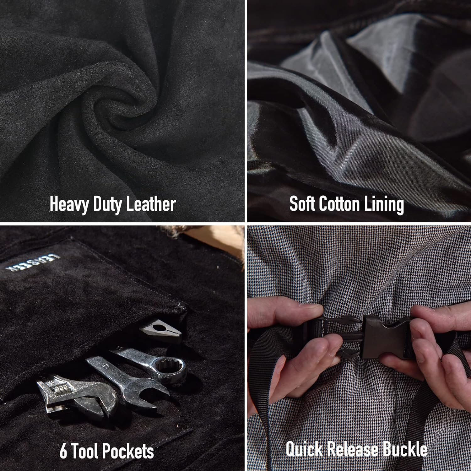 LeaSeek Leather Welding Apron,Heat & Flame-Resistant Heavy Duty Work Apron with 6 Pockets,Woodworking Shop Apron - Image 3