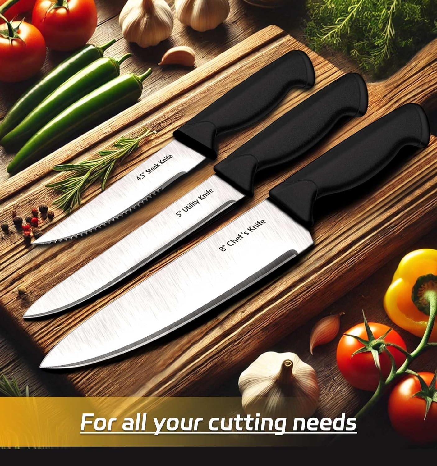 Knife Set, 14-Piece Kitchen Knife Set with Wooden Block, High Carbon Stainless Steel Knives, Ergonomic Handles, Includes Steak Knives, Sharpening Rod, Kitchen Shears - Image 5