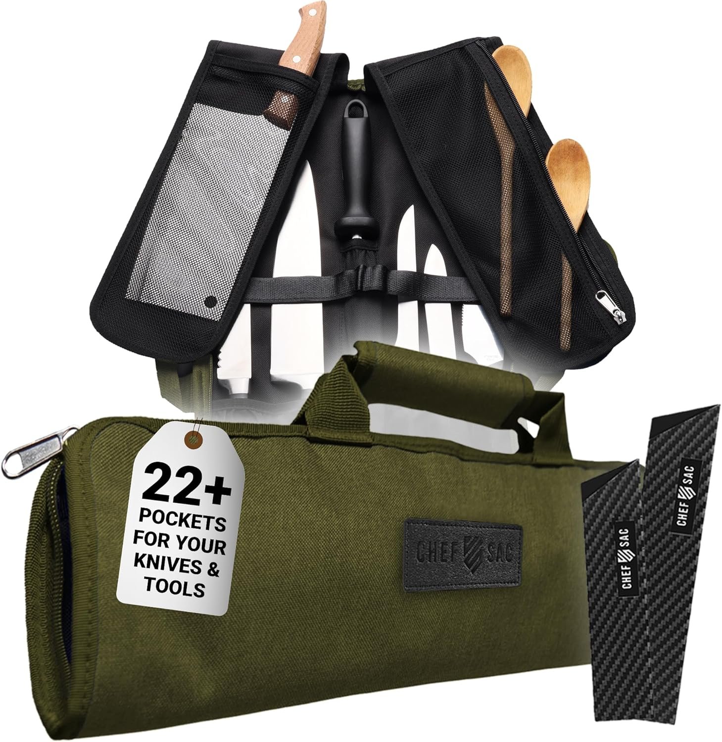Chef Knife Bag Roll Bag Case | 8 Pockets for Knives & Kitchen Utensils | 2 Protective Flaps with Butcher Knife Pocket & Mesh Pocket | Durable Knife Case for Chefs & Culinary Students (Green)