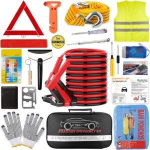 Car Roadside Emergency Kit,Auto Vehicle Truck Safety Emergency Road Side Assistance Kits with Jumper Cables,Safety Hammer,Reflective Warning Triangle,Tire Pressure Gauge,Tow Rope,etc
