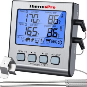 ThermoPro TP17 Dual Probe Digital Cooking Meat Thermometer Large LCD Backlight Food Grill Thermometer with Timer Mode for Smoker Kitchen Oven BBQ, Silver