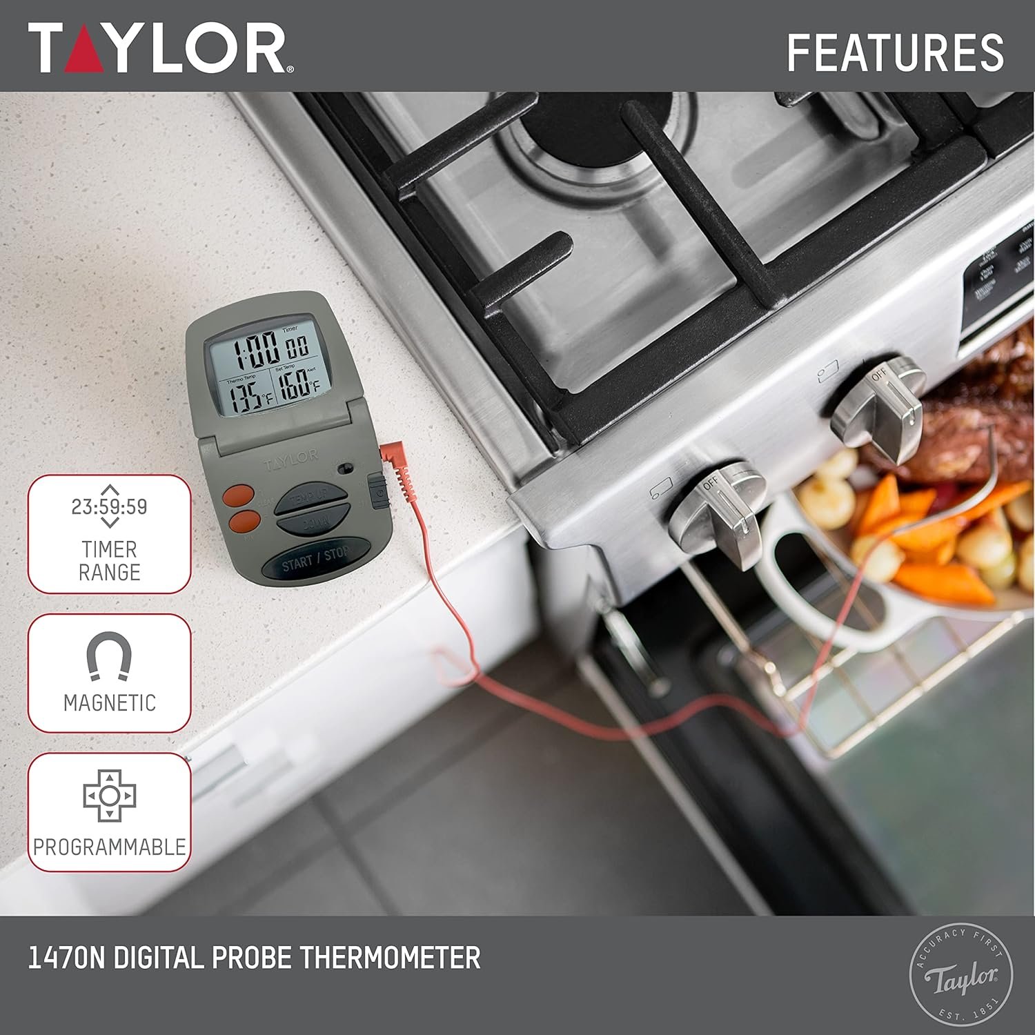 Taylor Programmable with Timer Instant Read Wired Probe Digital, Meat, Food, Grill BBQ Cooking Kitchen Thermometer with Timer, Gray - Image 3