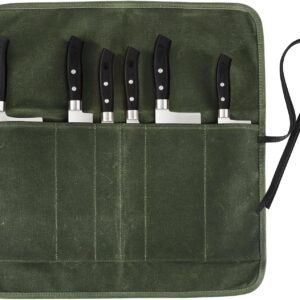 Knife Roll Bag, Chef’s Knife Roll Bag, Heavy Duty Chef Knife Roll Bag with 6 Slots, Waxed Canvas Knife Bag Roll, Knife Pouch Holder for Home, Kitchen, Grill (green)