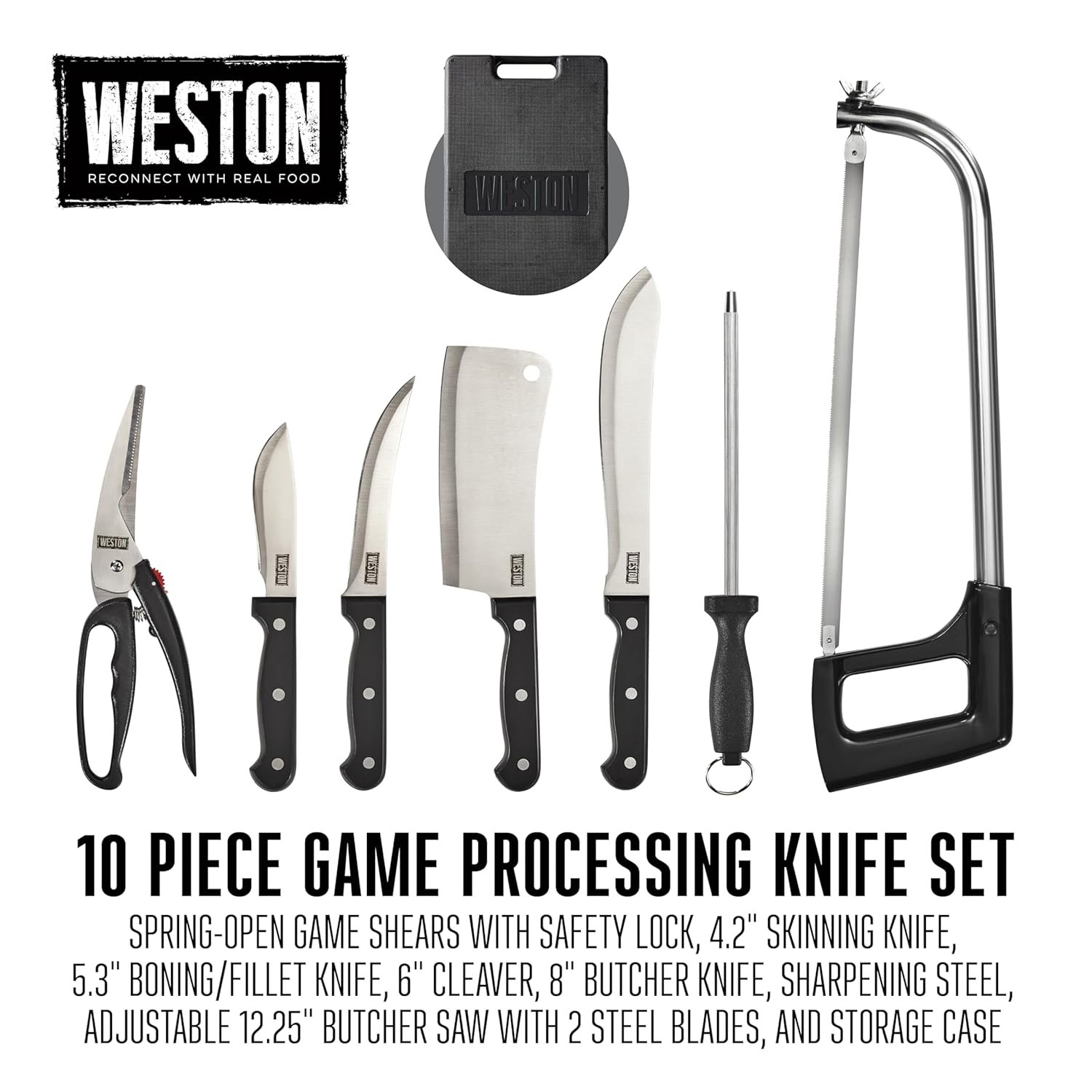 Weston 10-Piece Game Processing Knife Kit, 8" Butcher, 6" Cleaver, 5.3" Fillet, and 4.2" Skinning Knives, Adjustable 12.25" Butcher Saw, Sharpener, Shears & Storage Case, Stainless Steel (83-7001-W) - Image 8