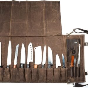EVERPRIDE Waxed Canvas and Leather Chef Knife Roll Bag – Chef Bag Holds 10 Knives up to 15” PLUS Pocket for Cooking Accessories – Durable Knife Case for Professional Chefs – Knives Not Included