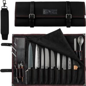 OuiChef Chef Knife Bag for 10 Knives & Utensils – Waxed Canvas & Vegan Leather – Travel Knife Case with Straps – Professional Chef Roll Bag