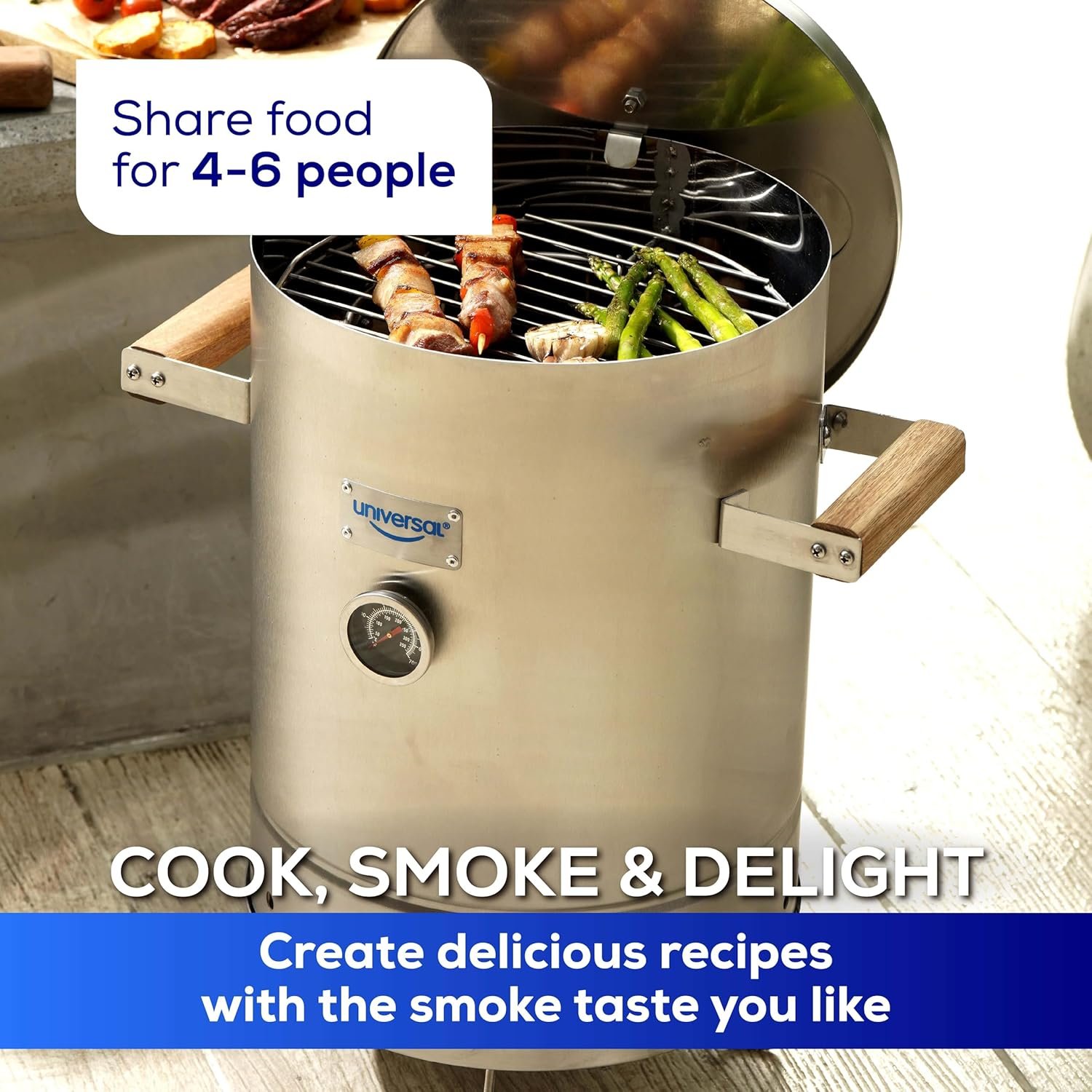 Universal (6-pound) Stainless Steel (Small) Charcoal Barrel Smoker with Thermometer & Airlock system - 16.5"x 21.18" x ⌀11.81", 2 in 1 Vertical Smoker - Grill and Smoker, 6-serving Slow Cooking Smoker - Image 3