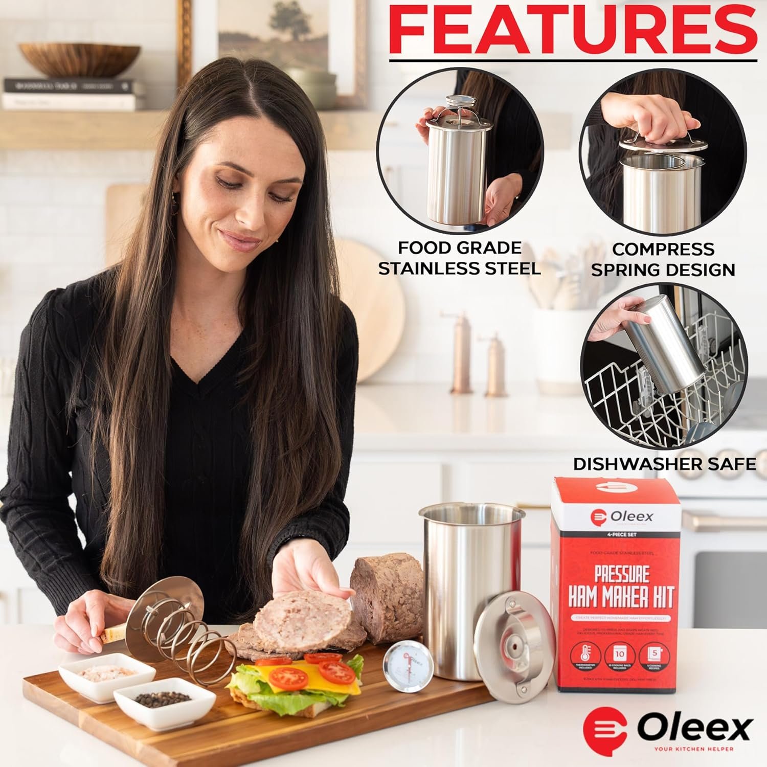 Oleex Lunch Meat Press Mold for Deli Meats-Homemade Ham Maker Meat Press Tool with Cooking Thermometer, 10 cooking bags & Recipe book-Multipurpose Stainless Steel Pressure Sandwich Lunchmeat Maker - Image 2