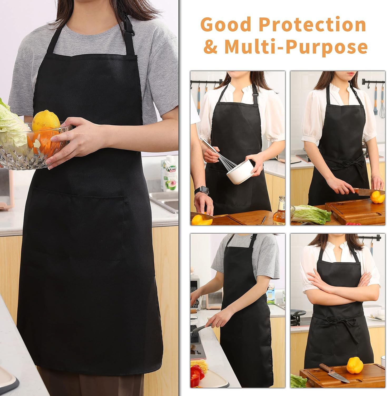 Tosewever 2 Pack Adjustable Bib Apron, Waterdrop Resistant Aprons with 2 Pockets Cooking Kitchen Restaurant Aprons for Women Men Chef, BBQ Drawing Crafting Outdoors (Polyester-Black, 2) - Image 5