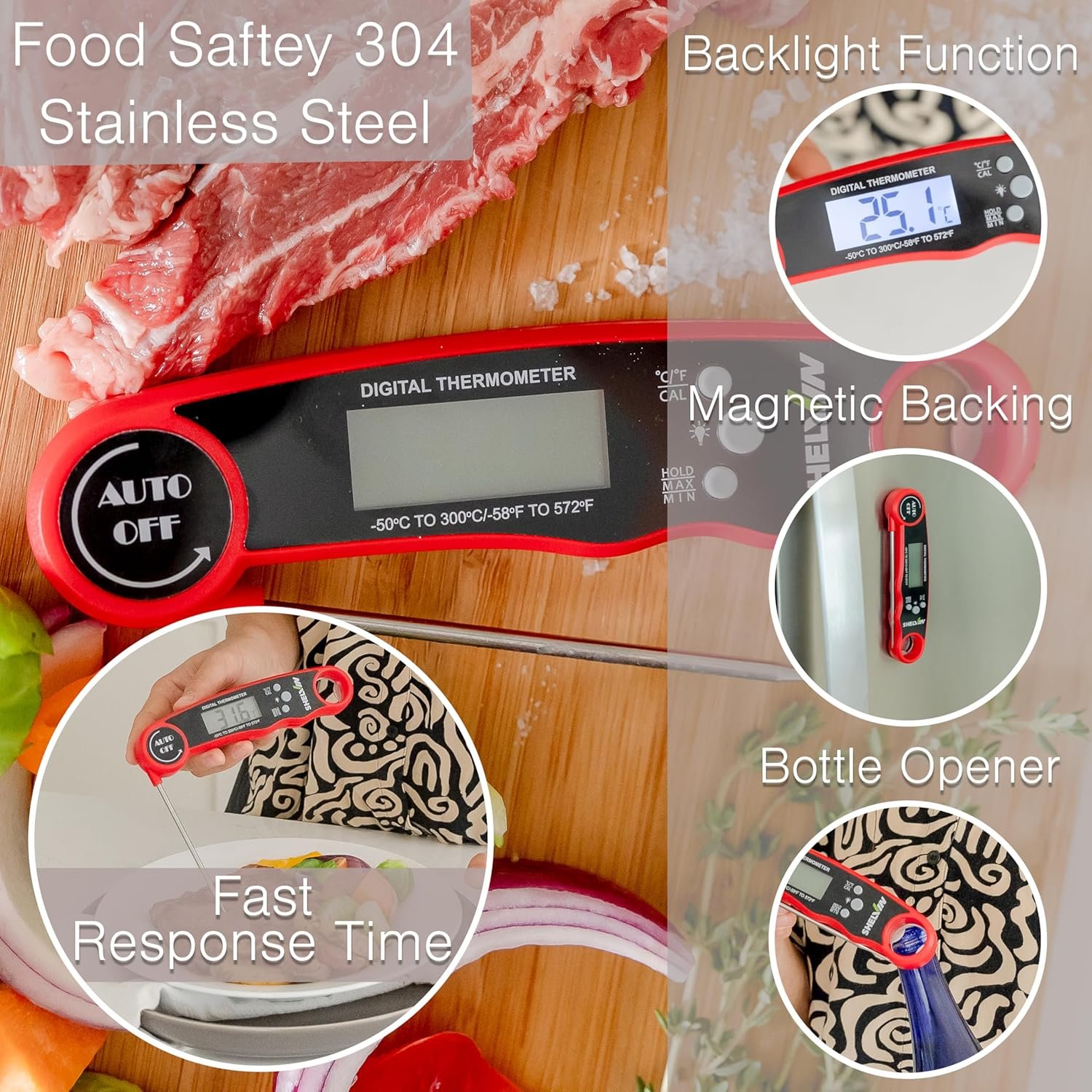 Digital Meat Thermometer with Bottle Opener - Waterproof Magnetic Instant Read Temperature Folding Probe for Cooking Hot Food Oil Fryer BBQ Grill Smoker Candy Liquids Beef Chicken Lamb Fish Pork - Image 2