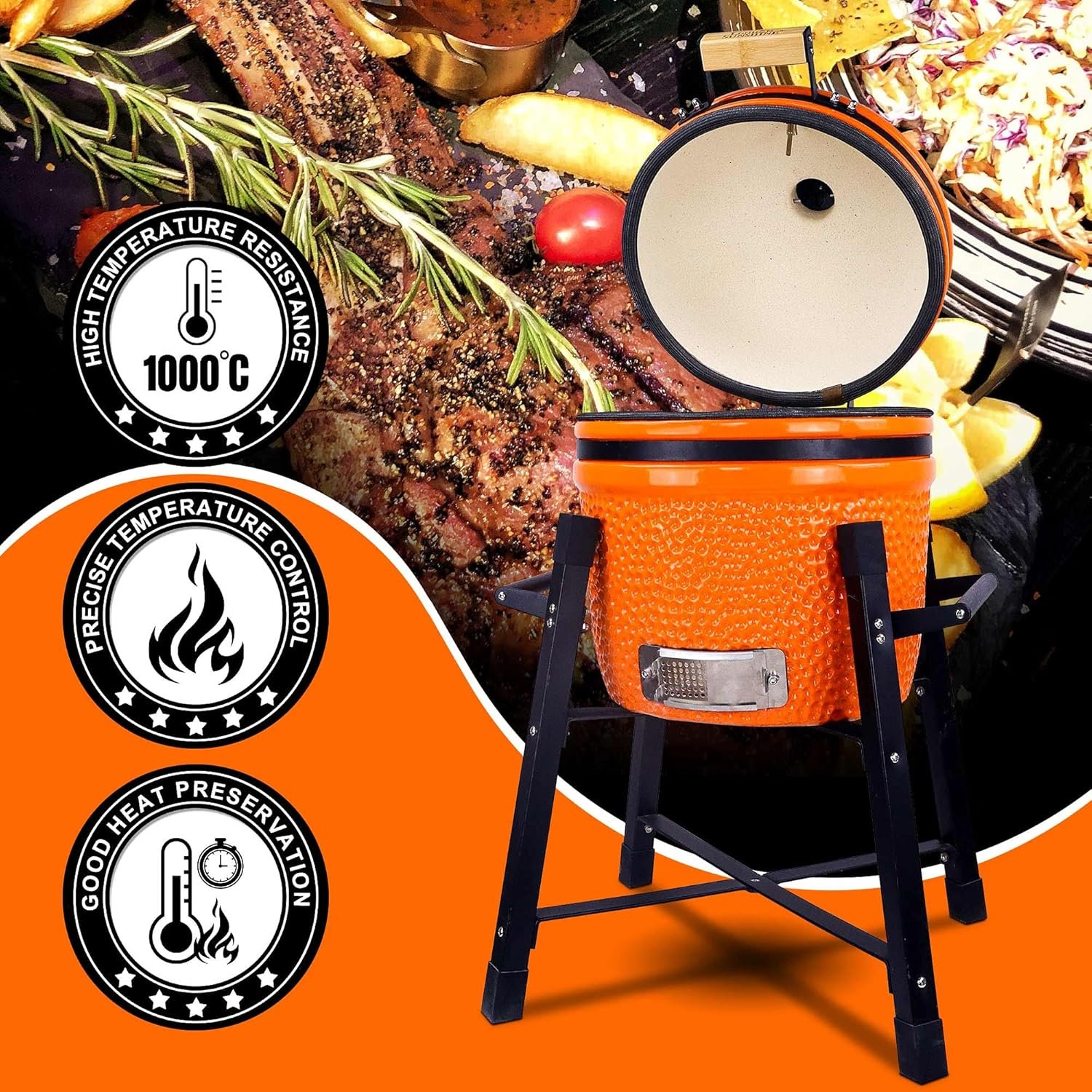 Ceramic Kamado Charcoal BBQ Grill and Smoker, Stainless Steel Grates -15" Ceramic with Tall Stand (ORANGE) - Image 3