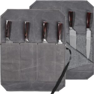 Denifiter Knife Roll, Professional Chef’s Knife Bag with Anti Cutting Fabric Inside & 4 Knife Slots Heavy Duty 20oz Waxed Canvas (Gray)