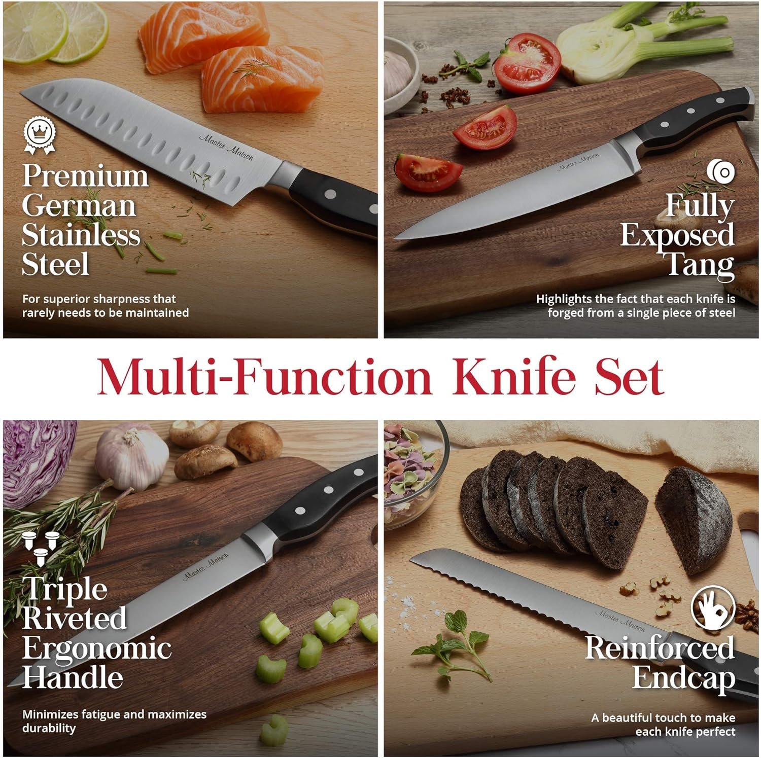 Master Maison 15-Piece Kitchen Knives Set - Wooden Knife Block Set with Sharpener - Chef, Utility, Sontoku, Carving Knife and 6 Steak Knives - Stainless Steel Blades for Professional Cooking - Black - Image 3