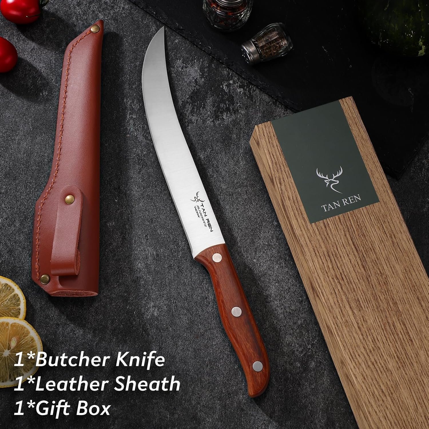 TAN REN Butcher Breaking Knife 8 Inch, Stainless Steel for Meat Cutting, Brisket Trimming With Sheath, Ergonomic Wooden Handle, Carving - Image 6