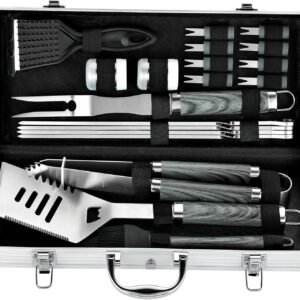 ROMANTICIST 20pcs Heavy Duty BBQ Grill Tool Set in Case – The Very Best Grill Gift for Father’s Day and Christmas – Professional BBQ Accessories Set for Outdoor Cooking Camping Grilling Smoking, Grey